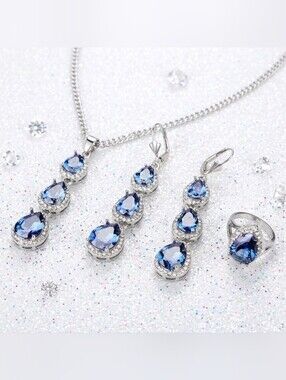 Silver Blue Sapphire Teardrop Crystal Jewelry Set - Necklace, Earrings & Ring